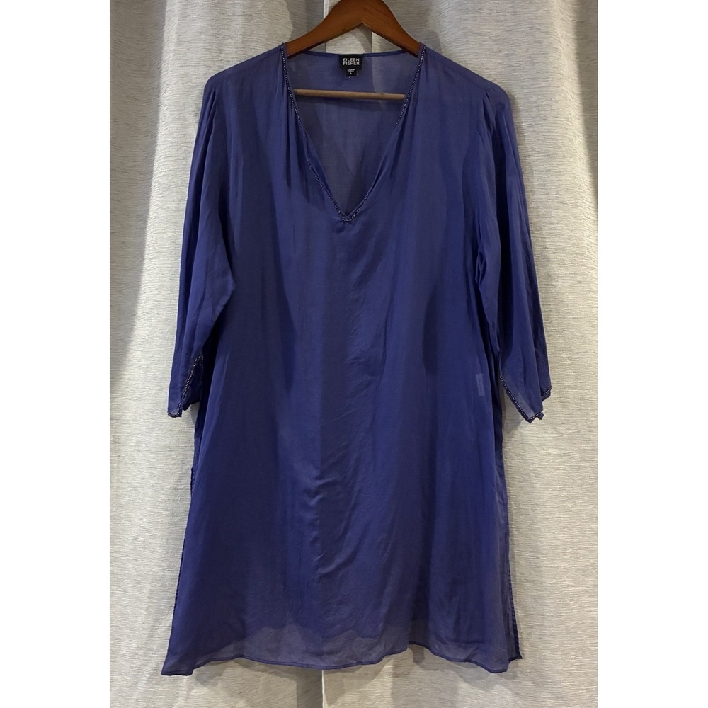 Eileen Fisher Blue Purple Tunic Dress Embellished Neckline Size Large Coastal